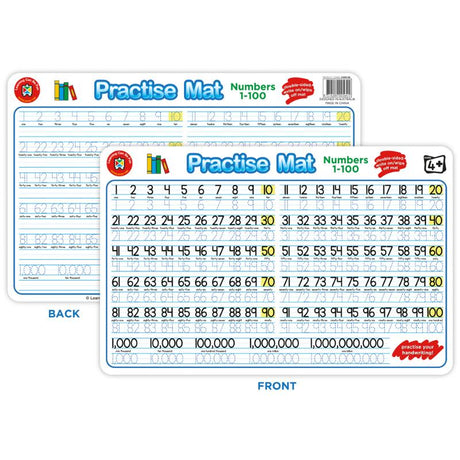 Colorful LCBF Practice Mats featuring numbers 1-100, designed for kids 3+ to enhance writing and math skills with dry erase fun.