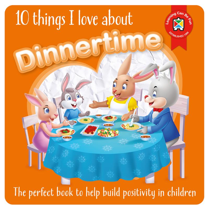 Colorful board book cover featuring joyful characters celebrating the love of family meals and mealtime positivity for kids.