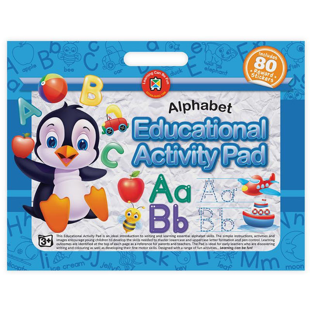 Brightly illustrated educational activity pad for kids focusing on letter formation, pen control, and fun learning activities.