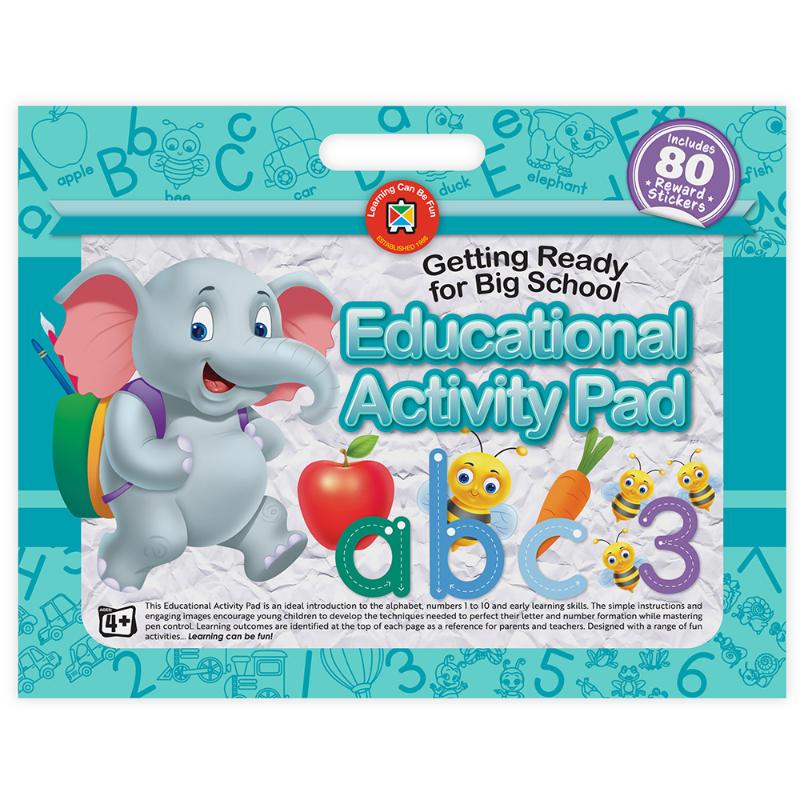 Illustrated educational activity pad for preschoolers to learn letters, numbers, and essential skills for school readiness.