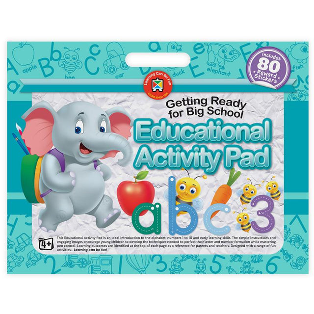 Illustrated educational activity pad for preschoolers to learn letters, numbers, and essential skills for school readiness.