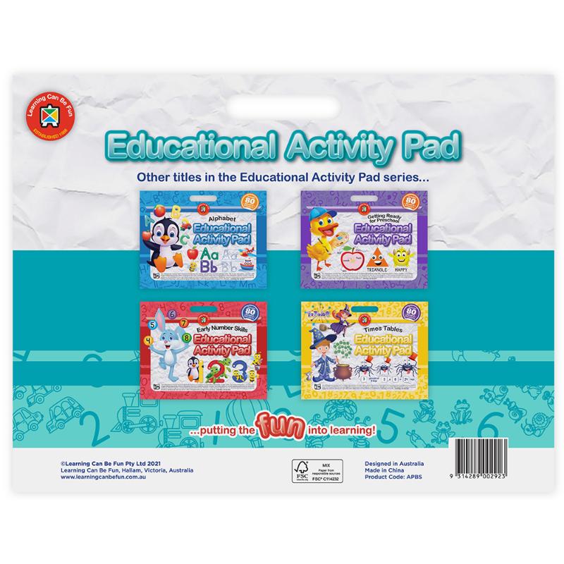 LCBF Educational Activity Pad featuring colorful activities for preschool readiness in the alphabet and numbers 1 to 10.