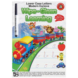 Wipe clean learning book for lowercase letters in NZ modern cursive, featuring reusable pages and a marker for practice.