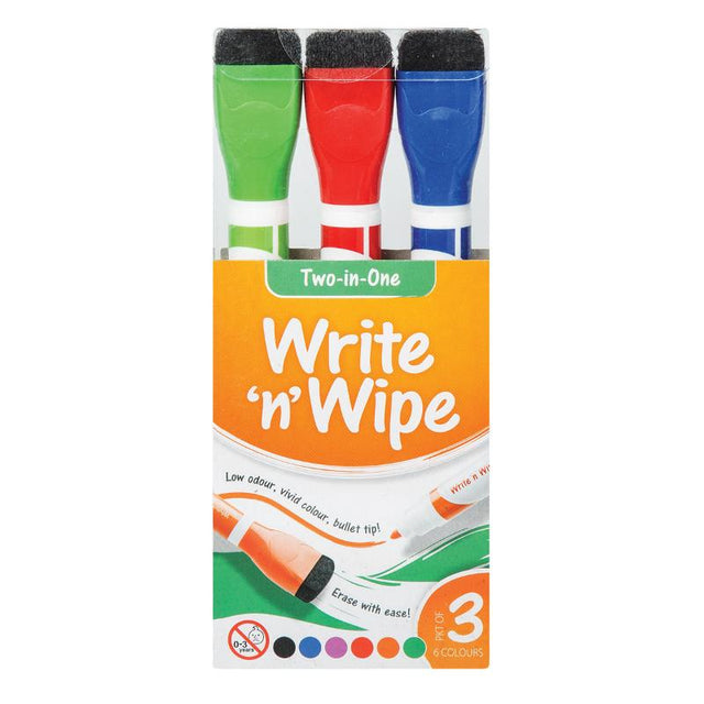 Three-pack of vibrant 2-in-1 whiteboard markers, featuring fine and broad tips for versatile writing and creativity.