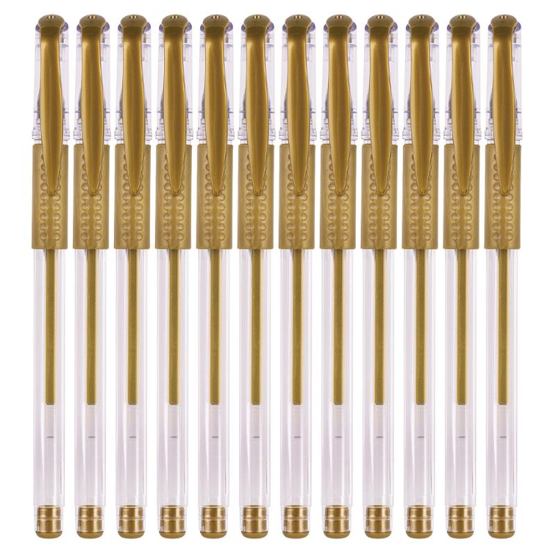 Twelve elegant gold gel pens with smooth ink for art, journaling, and crafting, featuring a comfortable grip for extended use.