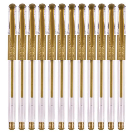 Twelve elegant gold gel pens with smooth ink for art, journaling, and crafting, featuring a comfortable grip for extended use.