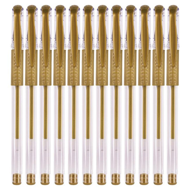 Twelve elegant gold gel pens with smooth ink for art, journaling, and crafting, featuring a comfortable grip for extended use.