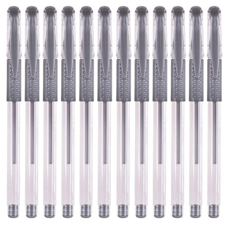 Twelve silver gel pens in a pack, ideal for artists and students, offering smooth ink flow and ergonomic design for easy use.