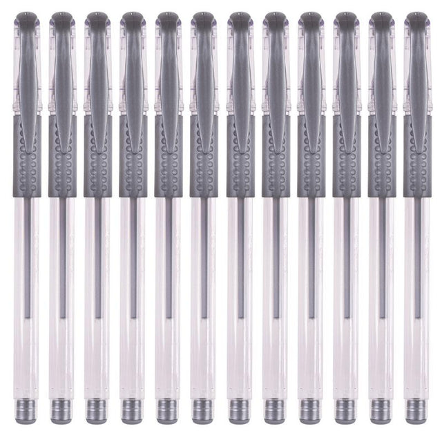 Twelve silver gel pens in a pack, ideal for artists and students, offering smooth ink flow and ergonomic design for easy use.