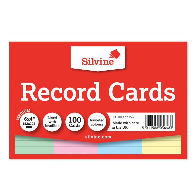 Silvine 6x4 record cards in assorted colors (Blue, Pink, Green, Yellow) featuring ruled lines for organized note-taking.