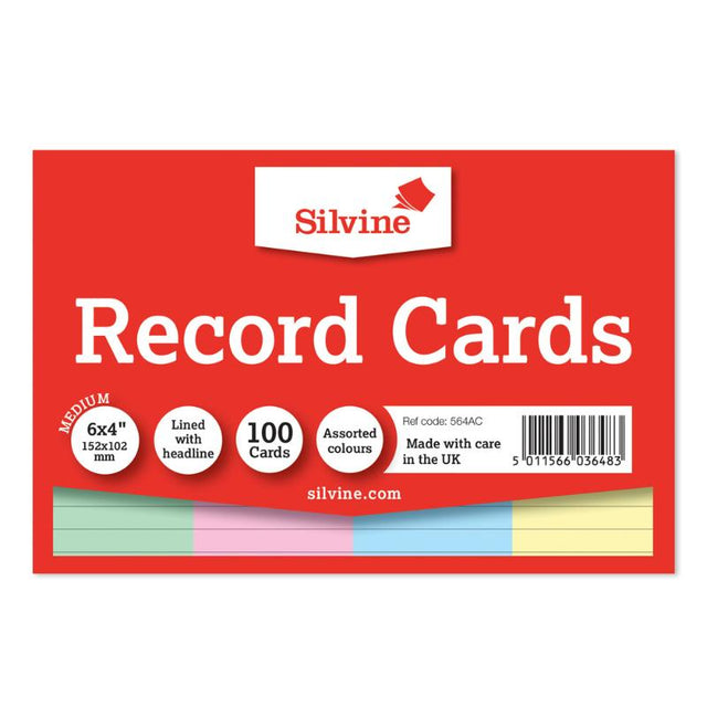 Silvine 6x4 record cards in assorted colors (Blue, Pink, Green, Yellow) featuring ruled lines for organized note-taking.