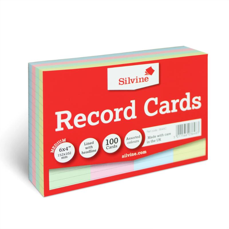 Assorted 6x4" Silvine record cards in vibrant colors, ideal for organized note-taking and flashcard creation.