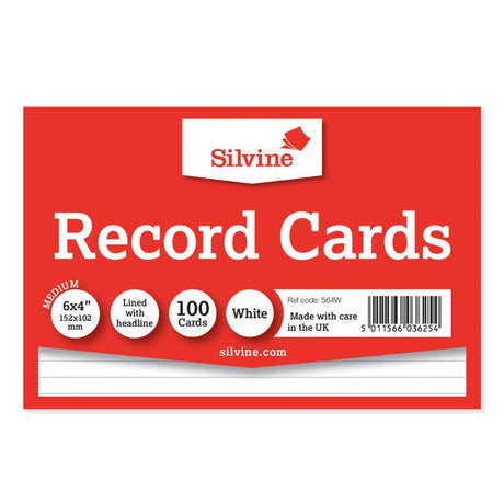 Silvine 6x4 ruled white record cards, 100 pack for organized notes and ideas, ideal for students and professionals.