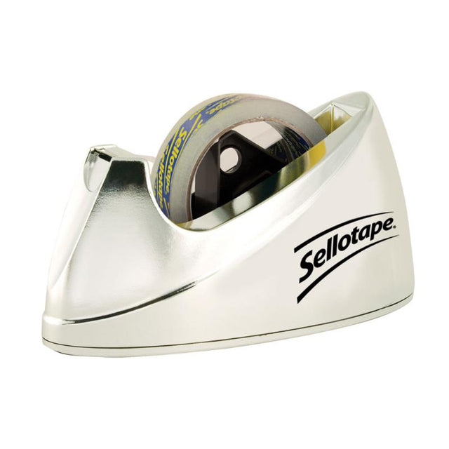 Stylish chrome tape dispenser for seamless cutting, accommodates tapes up to 25mm, perfect for home or office use.