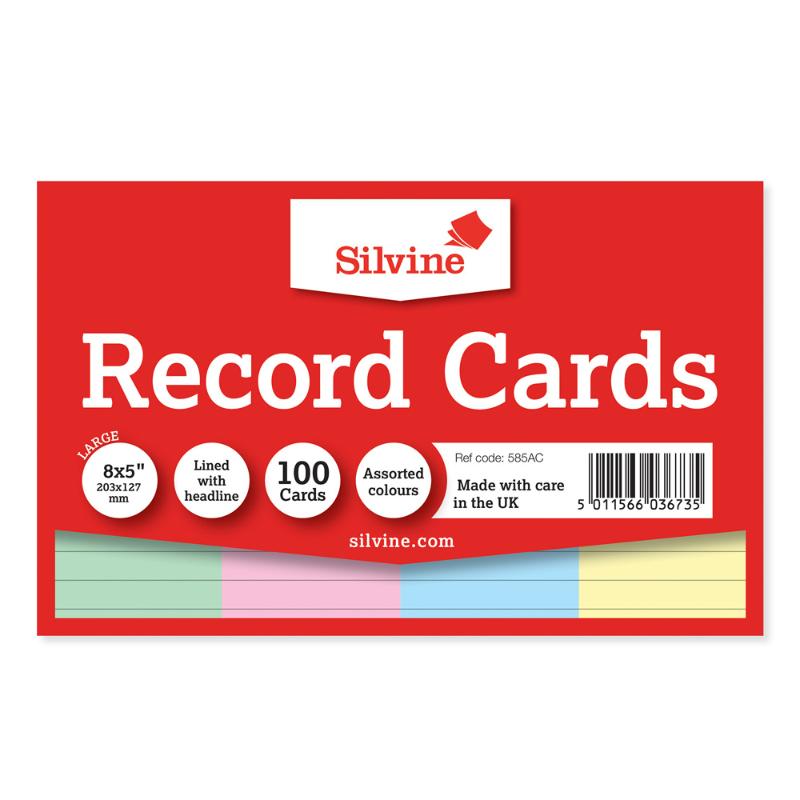 Assorted Silvine Record Cards in Blue, Pink, Green, and Yellow, 8x5 inches, ruled feint design for notes and creative projects.