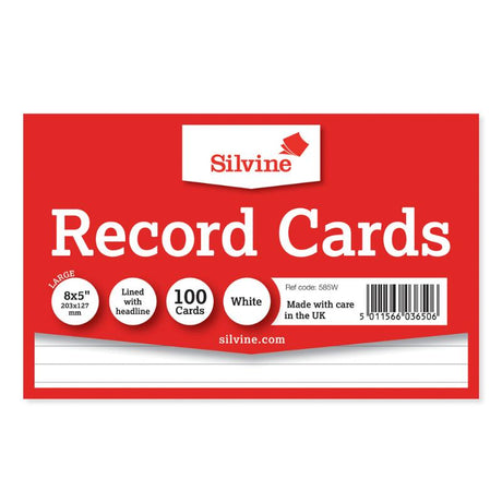 Silvine 8x5 ruled record cards in white, ideal for note-taking, study aids, and organizational tasks, pack of 100.