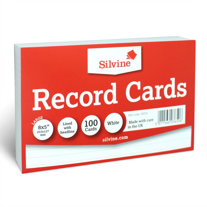 Silvine 8x5 ruled white record cards, pack of 100, ideal for notes, study aids, and organizational tasks.