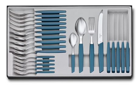 Victorinox Swiss Modern Cornflower 24-piece cutlery set with serrated steak knives, blue ergonomic handles, and stylish design.