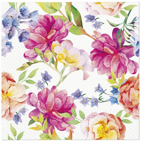 Decorative 3-ply lunch napkin featuring paw decor with orchid and peony motifs, perfect for enhancing dining experiences.