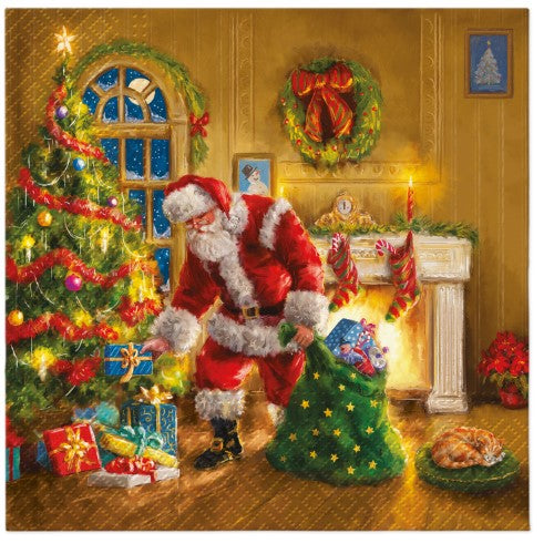 Festive Santa-themed lunch napkins with paw print design, perfect for holiday gatherings, eco-friendly, pack of 20.