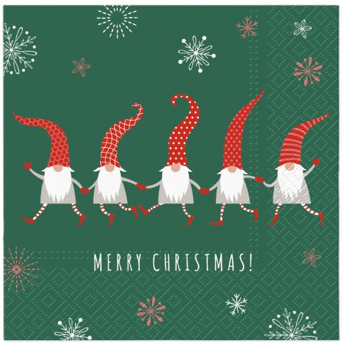 Lunch napkin featuring whimsical gnome design, 33cm, eco-friendly 3-ply tissue, ideal for pet-themed dining and parties.