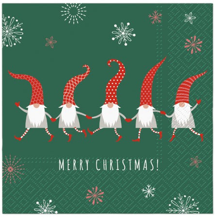 Lunch napkin featuring whimsical gnome design, 33cm, eco-friendly 3-ply tissue, ideal for pet-themed dining and parties.