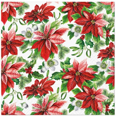 Paw Décor Glory Poinsettia lunch napkin, 33cm, 3-ply, eco-friendly pack of 20 with festive floral design for elegant dining.