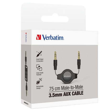 Retractable 3.5mm audio cable with gold-plated connectors for clear sound, tangle-free storage, and durable materials.