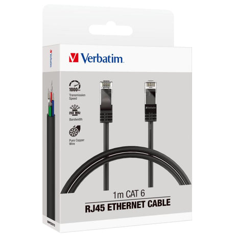 Black 1m Verbatim Essentials CAT 6 Ethernet Cable for stable, high-speed internet up to 1000Mbps and 250 MHz bandwidth.