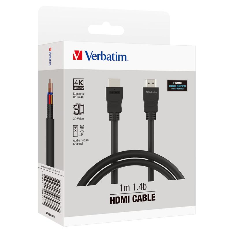 Verbatim Essentials 1m HDMI Cable in black, supports up to 4K, 3D, ARC, Ethernet, for enhanced audio and video quality.