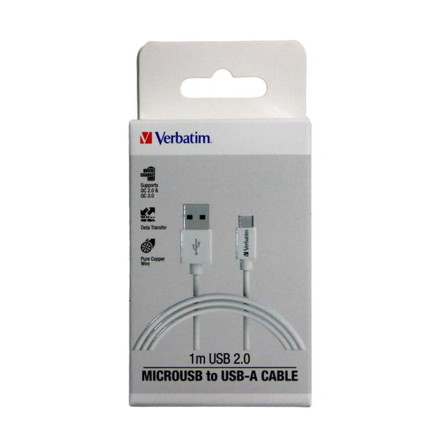 Verbatim Essentials 1m white micro USB cable for fast charging, data sync, and compatibility with all MicroUSB devices.