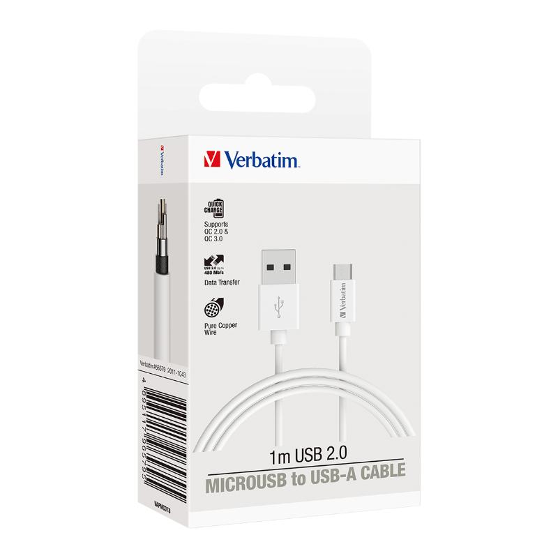 Verbatim Essentials 1m white micro USB cable for fast charging and syncing compatible devices with soft-touch rubber coating.