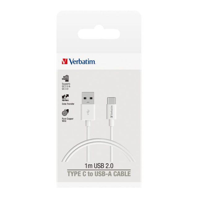 Verbatim Essentials 1m USB-C cable in white with fast charging, data transfer, and durable soft-touch coating.