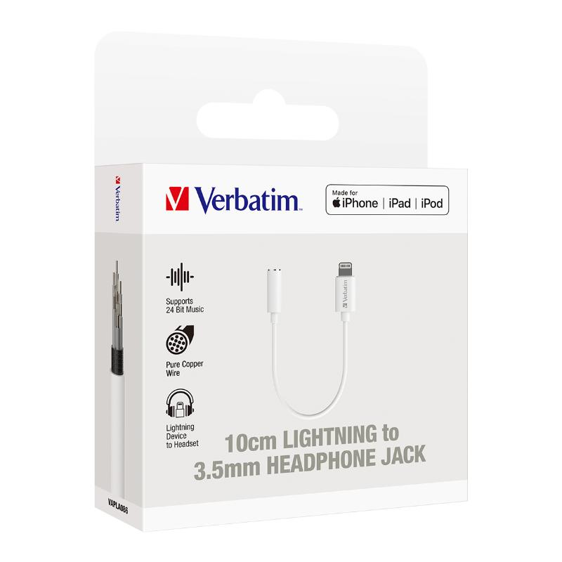 Verbatim Essentials Lightning to 3.5mm adapter, 10cm white cable for connecting headphones to Apple devices without a jack.