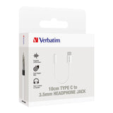 Verbatim Essentials USB-C to 3.5mm adapter in white, 10cm long, delivers high-fidelity audio for USB-C devices.