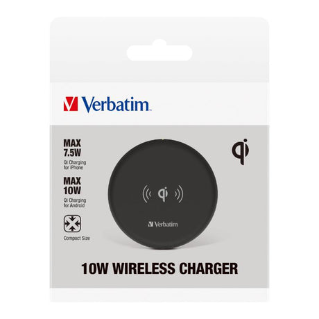 Sleek black Verbatim Essentials Wireless Charger 10W for safe, efficient charging of Apple and Android devices.