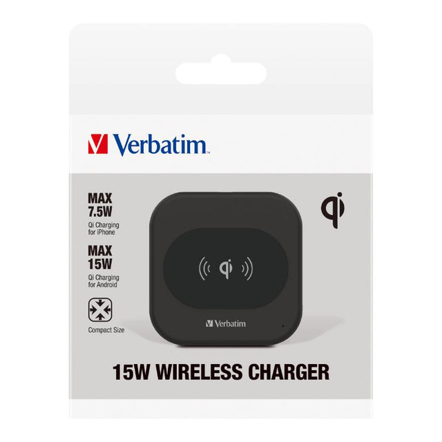 Sleek black Verbatim Essentials 15W wireless charger with Qi certification and advanced safety features for hassle-free charging.