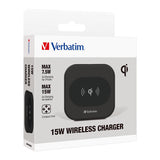 Sleek black 15W wireless charger for hassle-free charging, compatible with Apple and Android devices, with safety features.