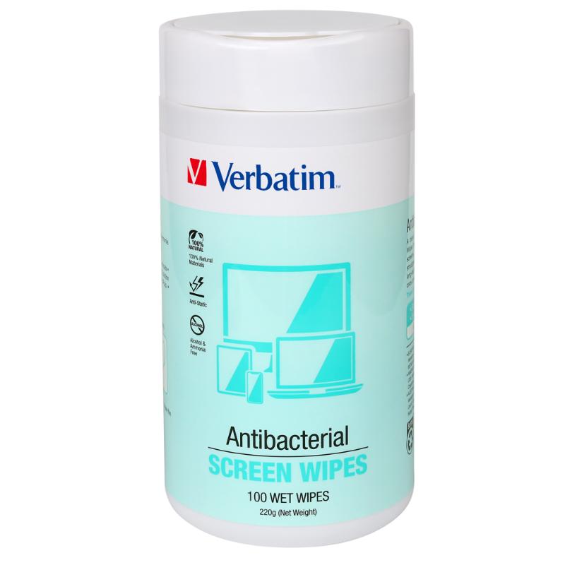 Eco-friendly Verbatim Essentials Screen Wipes, 100 pack, for streak-free cleaning of all electronic devices.