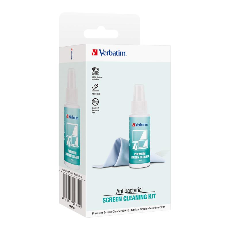 Verbatim Essentials Cleaning Kit 60ml with eco-friendly spray and microfibre cloth for streak-free device cleaning.