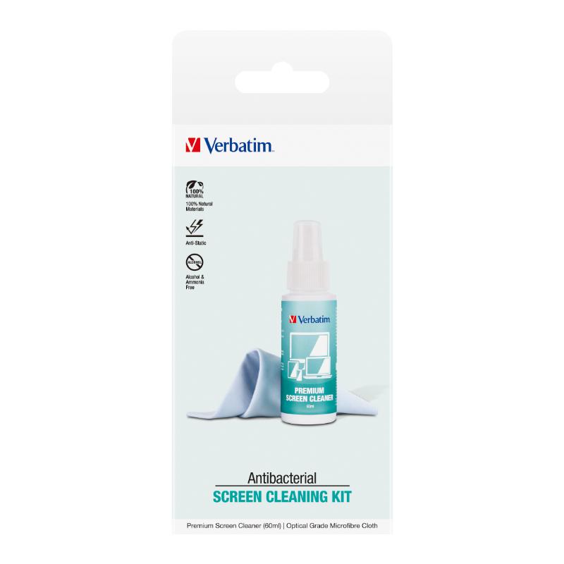 Verbatim Essentials Cleaning Kit: 60ml spray and microfibre cloth for eco-friendly, streak-free screen cleaning.