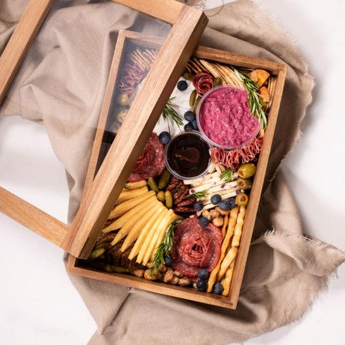 Elegant acacia wood grazing box measuring 38 x 27 x 9 cm, perfect for serving charcuterie and appetizers.