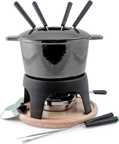 Swissmar Sierra Cast Iron Fondue Set in black, complete with pot, forks, and burner for cheese and chocolate fondue experiences.