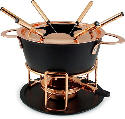 Swissmar Realp Fondue Set with 11 pieces, featuring non-stick pot, elegant design, and versatile for cheese, oil, or chocolate fondues.