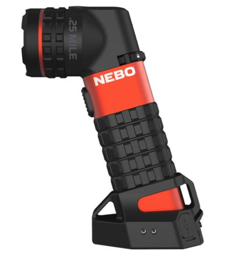 Rechargeable Nebo Master Series SL25 spotlight in black and orange, featuring 500 lumens, waterproof design, and magnetic base.