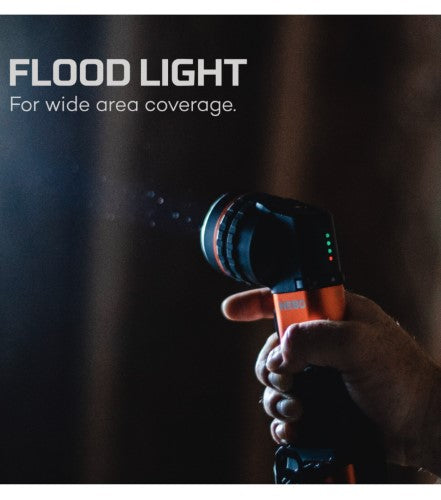 Rechargeable Nebo Master Series SL25 spotlight in black and orange with 500 lumens, magnetic base, and ergonomic grip.