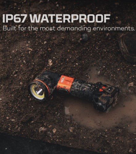 Rechargeable Nebo Master Series SL25 spotlight in black and orange, featuring 500 lumens, magnetic base, and ergonomic grip.