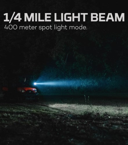Rechargeable Nebo Master Series SL25 spotlight in black and orange, featuring 500 lumens, COB floodlight, and magnetic base.