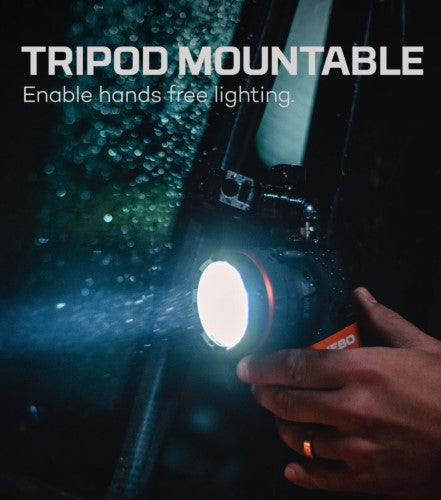 Rechargeable Nebo SL25 spotlight in black/orange with 500 lumens spotlight, COB floodlight, magnetic base, and ergonomic grip.