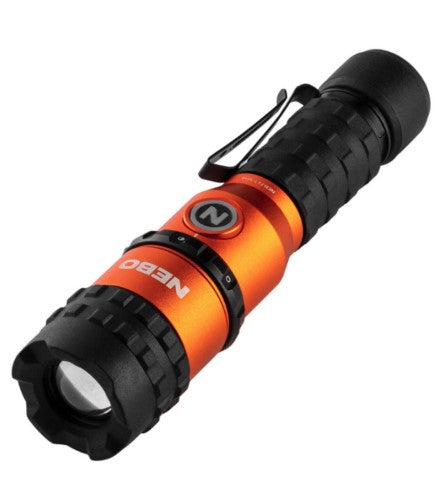 Rugged Nebo FL750 rechargeable torch with 750 lumens, ergonomic grip, magnetic base, and waterproof design for outdoor use.